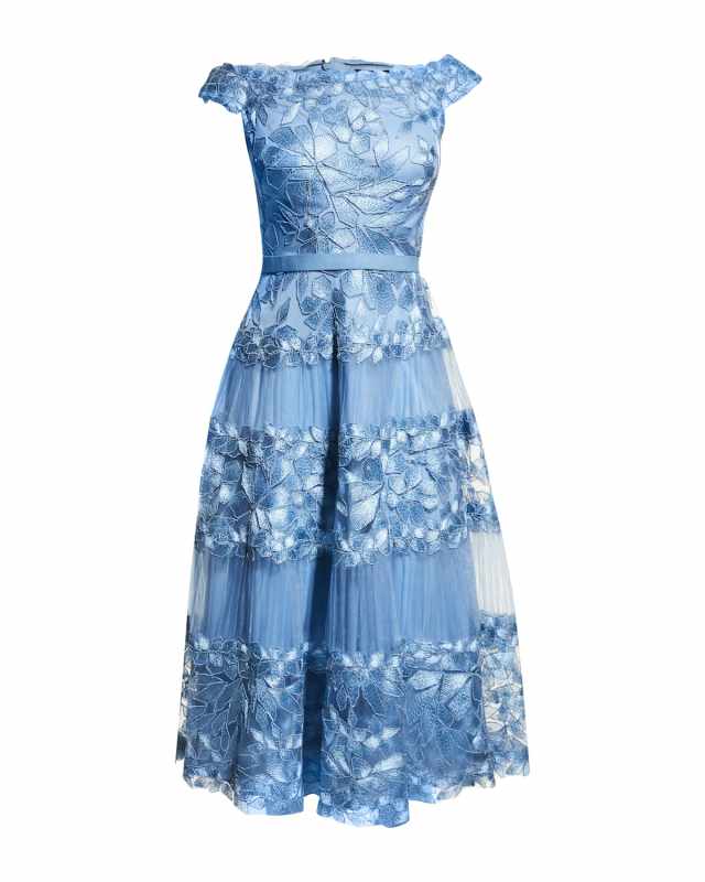 Off-the-Shoulder Cap-Sleeve Lace Midi Dress